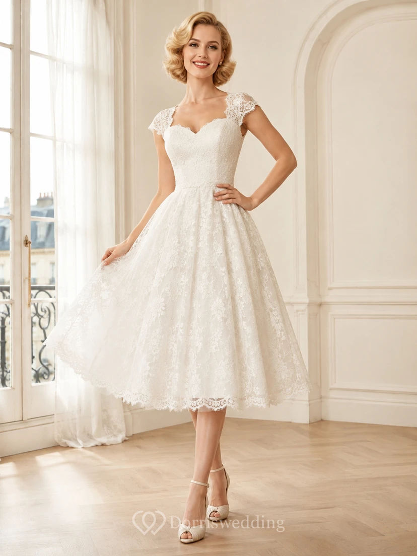 Vintage Sweetheart Cap Sleeve Lace Plissee Teelänge Standesamtliches Hochzeitskleid