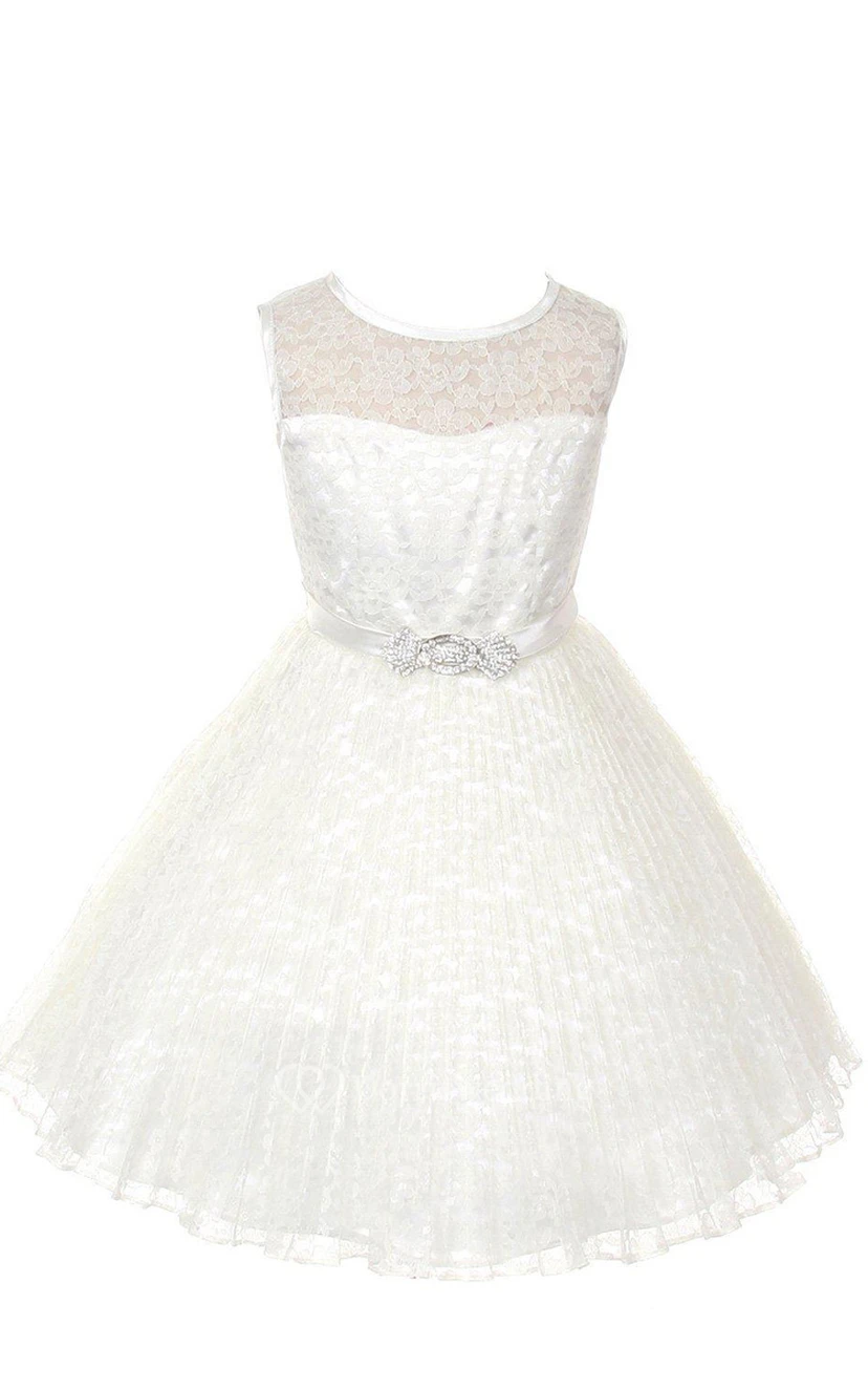 A-line Sleeveless Jewel Neck Lace Dress With Satin Belt view 6