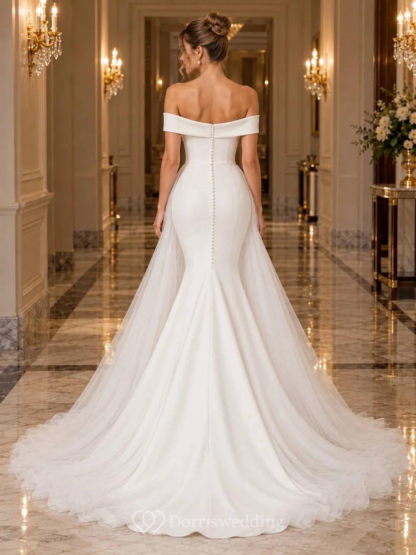 Simple Mermaid Off Shoulder Satin Tulle Train Wedding Dress view 2