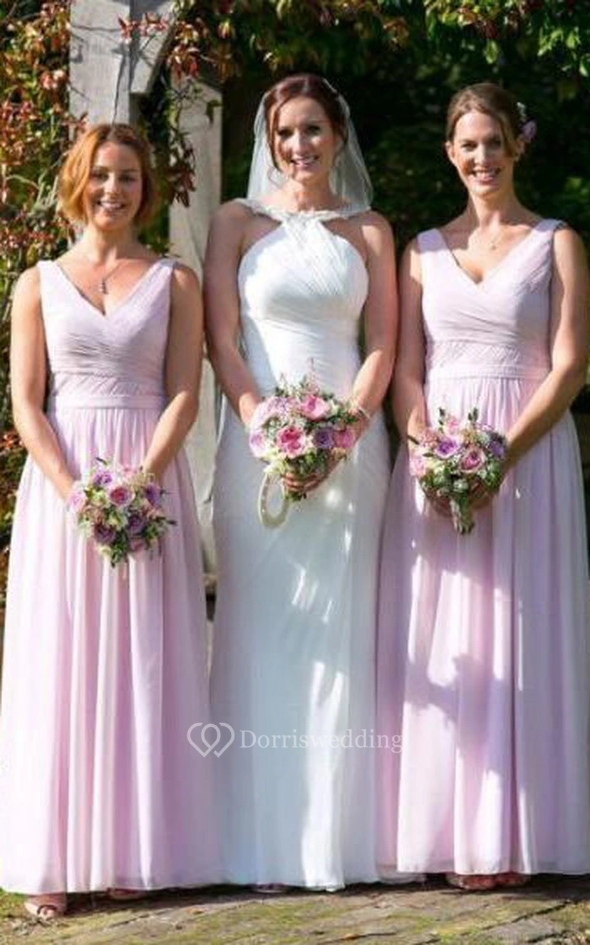 A-line Floor-length V-neck Sleeveless Zipper Chiffon Dress view 2