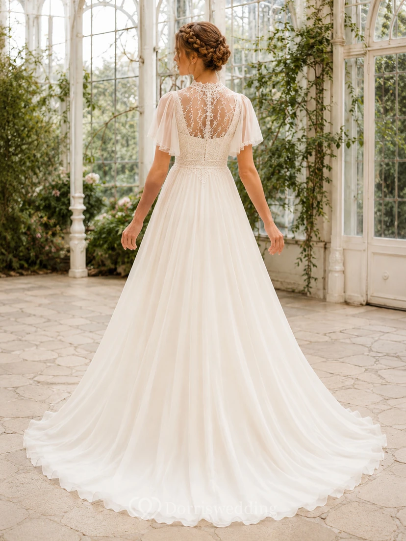 Robe de mariée élégante en mousseline et dentelle transparente, col montant, manches papillon, coupe trapèze, traîne, dos illusion view 2