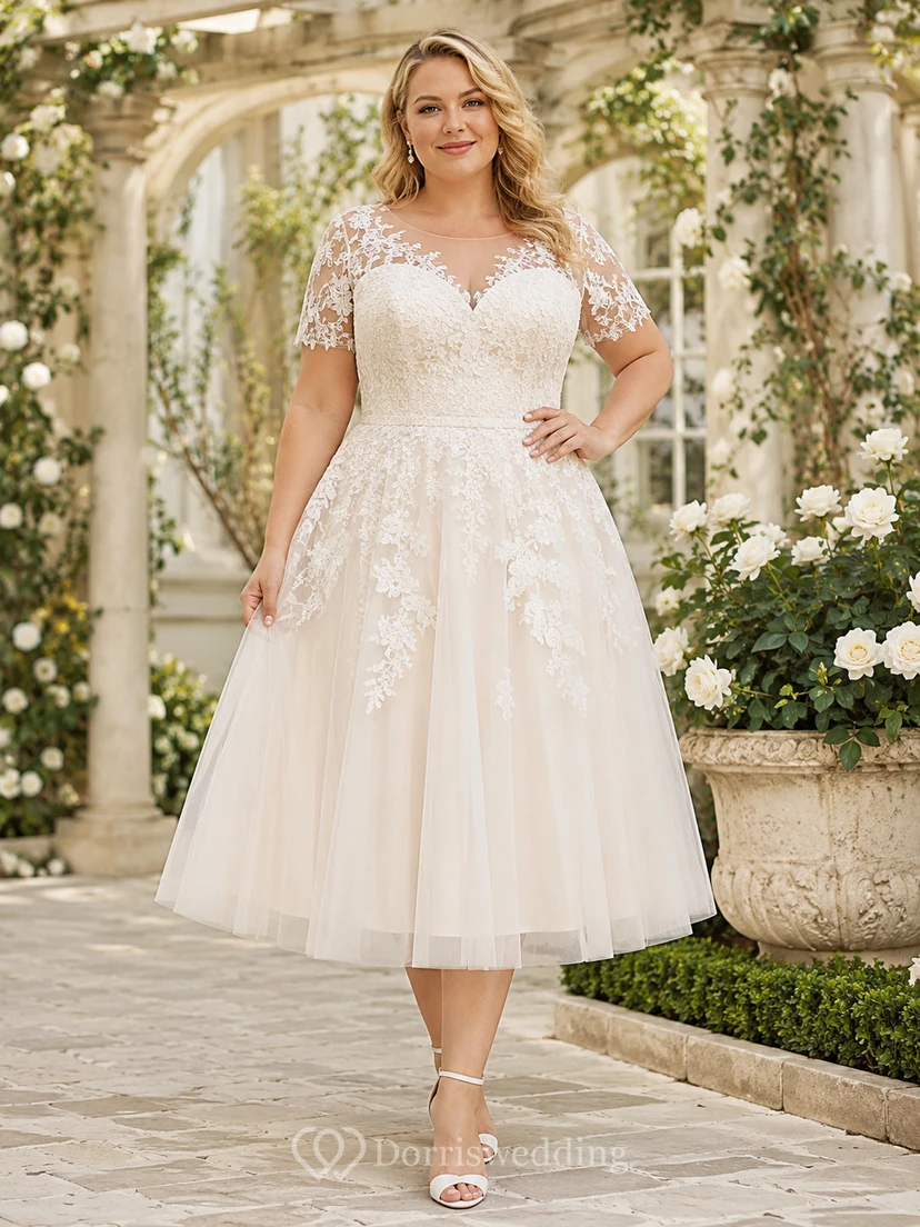 Romantic Plus Size Tea-Length V-Neck Cap Sleeve Elegant Wedding Dress