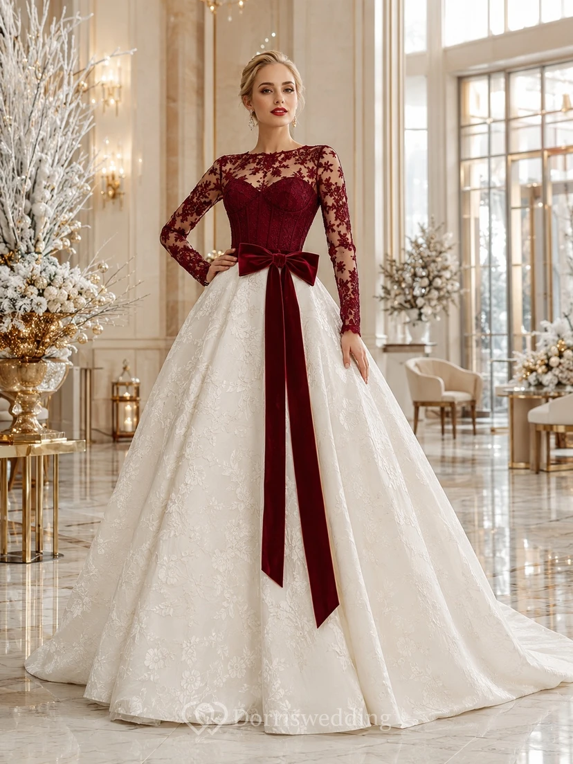 Burgunderrotes Brautballkleid mit Schleife, hohem Kragen, langen Ärmeln und Schleppe – ein luxuriöses, romantisches Kleid