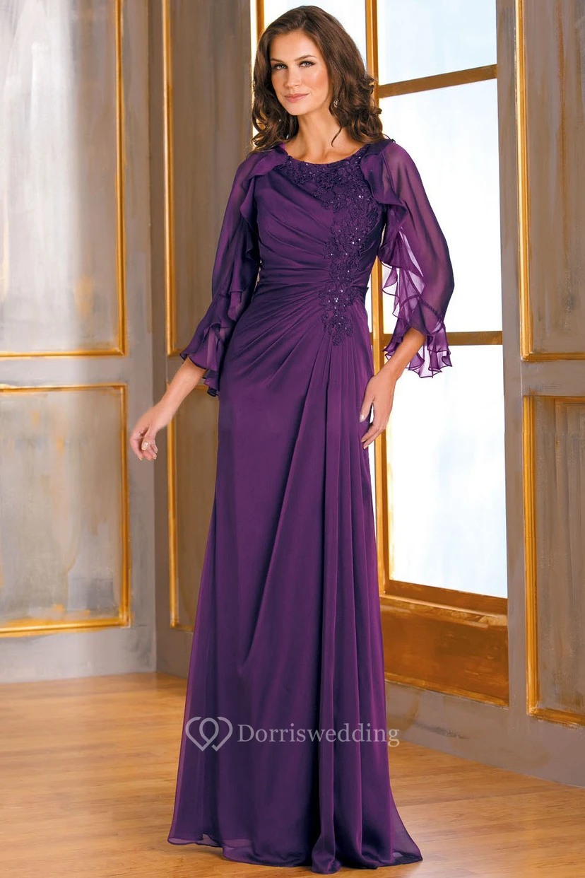 3-4 Sleeved Long Mother Of The Bride Dress With Ruffles And Beadings