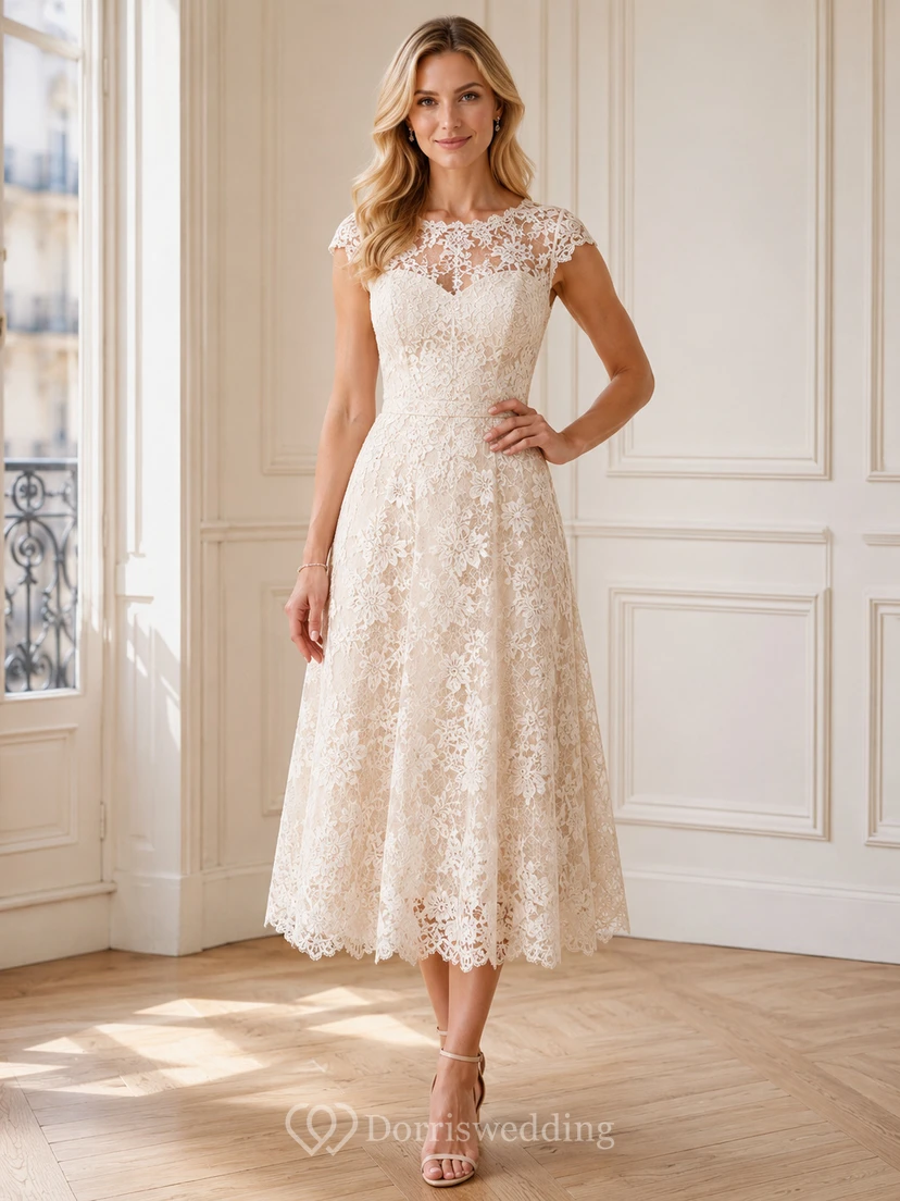 Vestido de novia vintage de encaje con escote corazón y mangas cortas, largo hasta la rodilla, estilo barco, para bodas al aire libre.