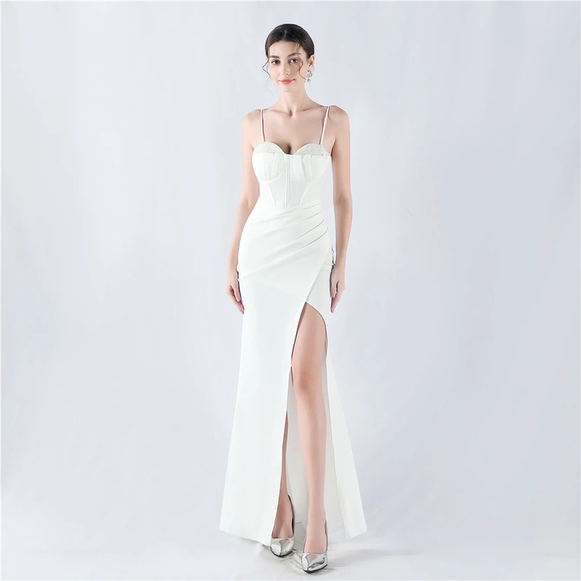 Fishbone Waist Set Crystal Diamond Satin Host Evening Dress view 19