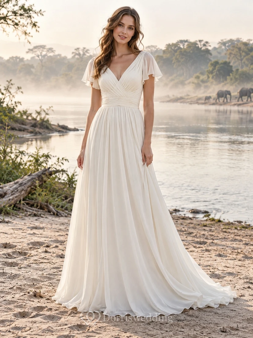Vestido de novia sencillo de gasa con escote en V, manga corta, corte en A y cintura fruncida.
