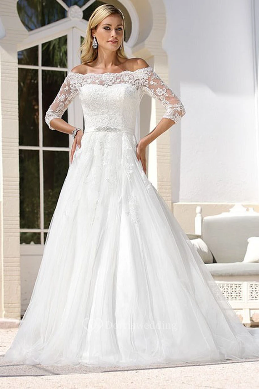 A-Line Maxi Off-The-Shoulder 3-4-Sleeve Tulle Wedding Dress With Appliques