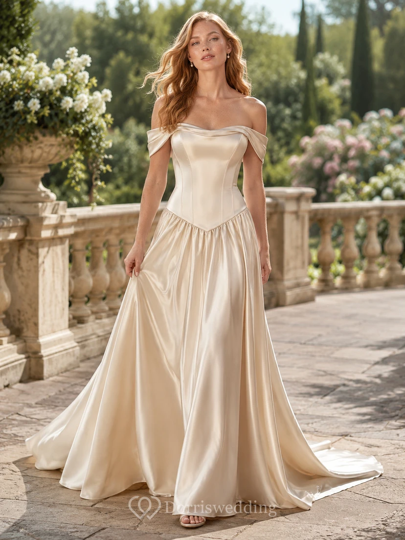 Off Shoulder Natural Waist Satin Pleated Ball Bridal Gown