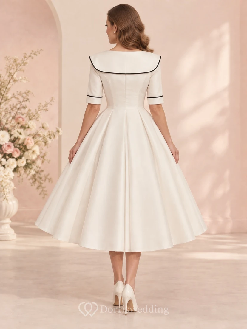 Vintage Teelänge Brautkleid mit V-Ausschnitt, schwarzem Paspelkragen im Matrosenstil, halben Ärmeln und Knopfleiste vorne in A-Linie view 2