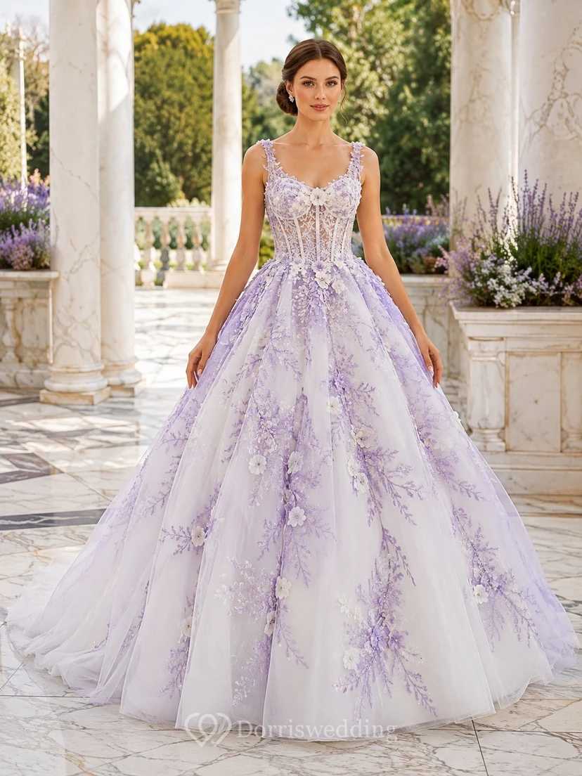 Lavender Floral Ball Gown Tulle Bridal Dress Straps Sleeveless Cathedral Train