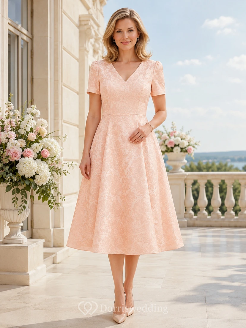 Robe de baptême corail pastel à manches courtes et col en V, en dentelle, coupe trapèze, longueur thé