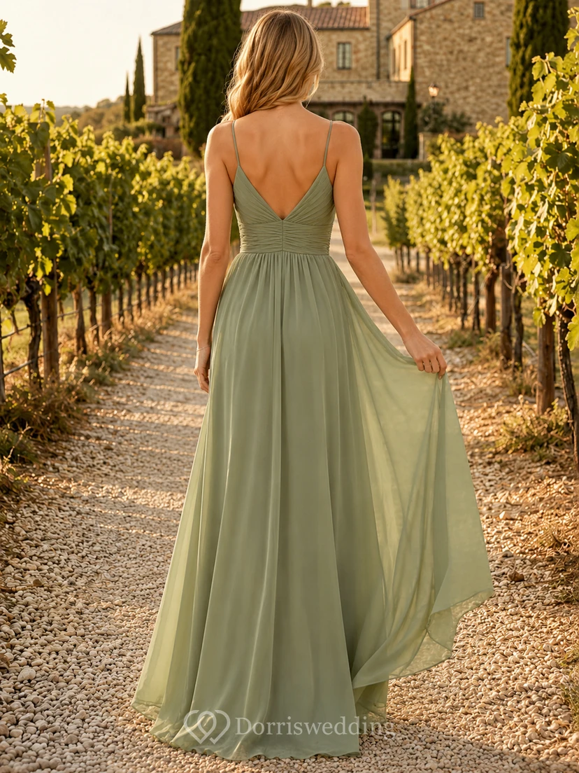 Sage Chiffon A-Line V-Neck Spaghetti Strap Pleated Low Back Floor-Length Bridesmaid Dress view 2