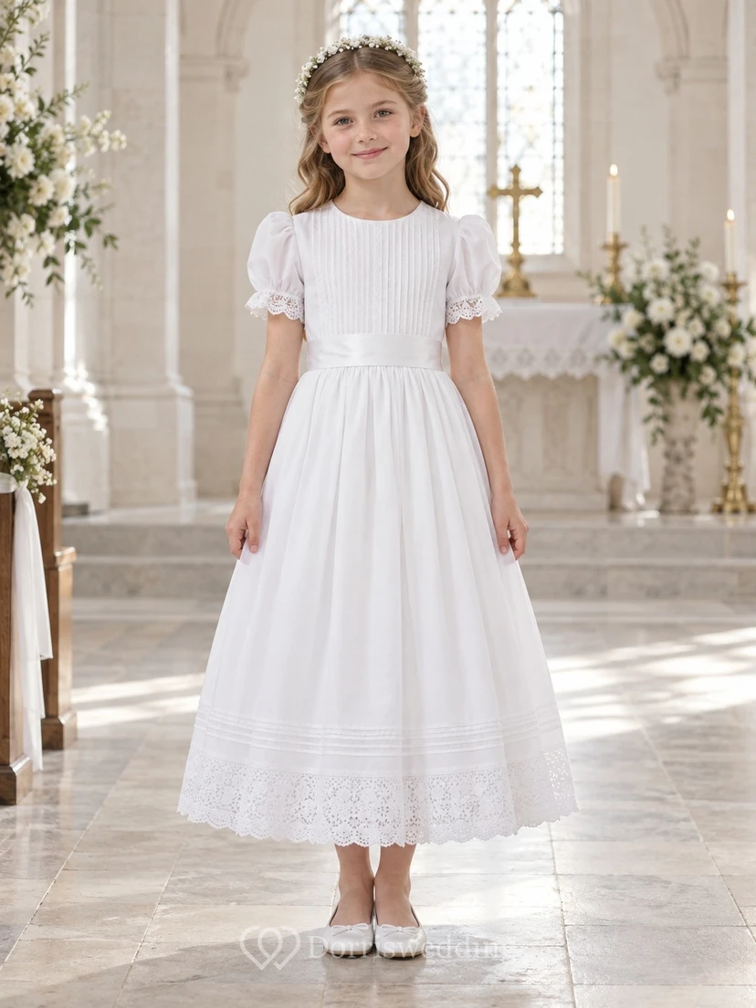 Modest White Tea-length Puff Sleeve Pintuck Lace Hem Communion Dress