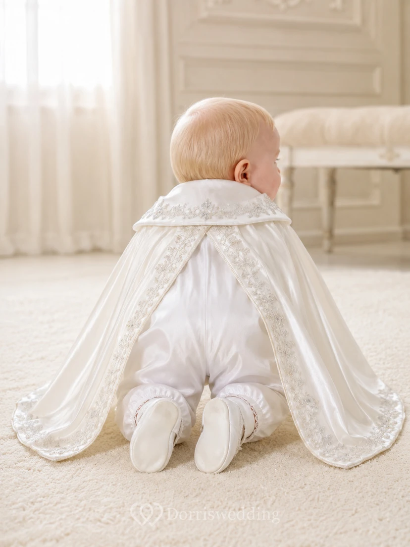 Luxuriöser weißer Langarm-Baby-Taufoverall mit silberner Spitze view 2