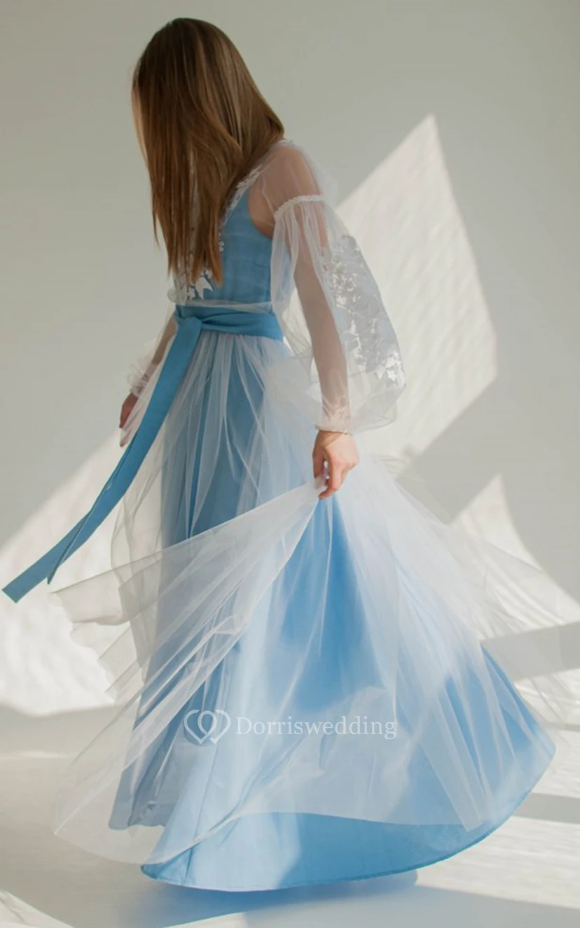 High-end A Line Tulle Square Neck Evening Dress with Sash view 3