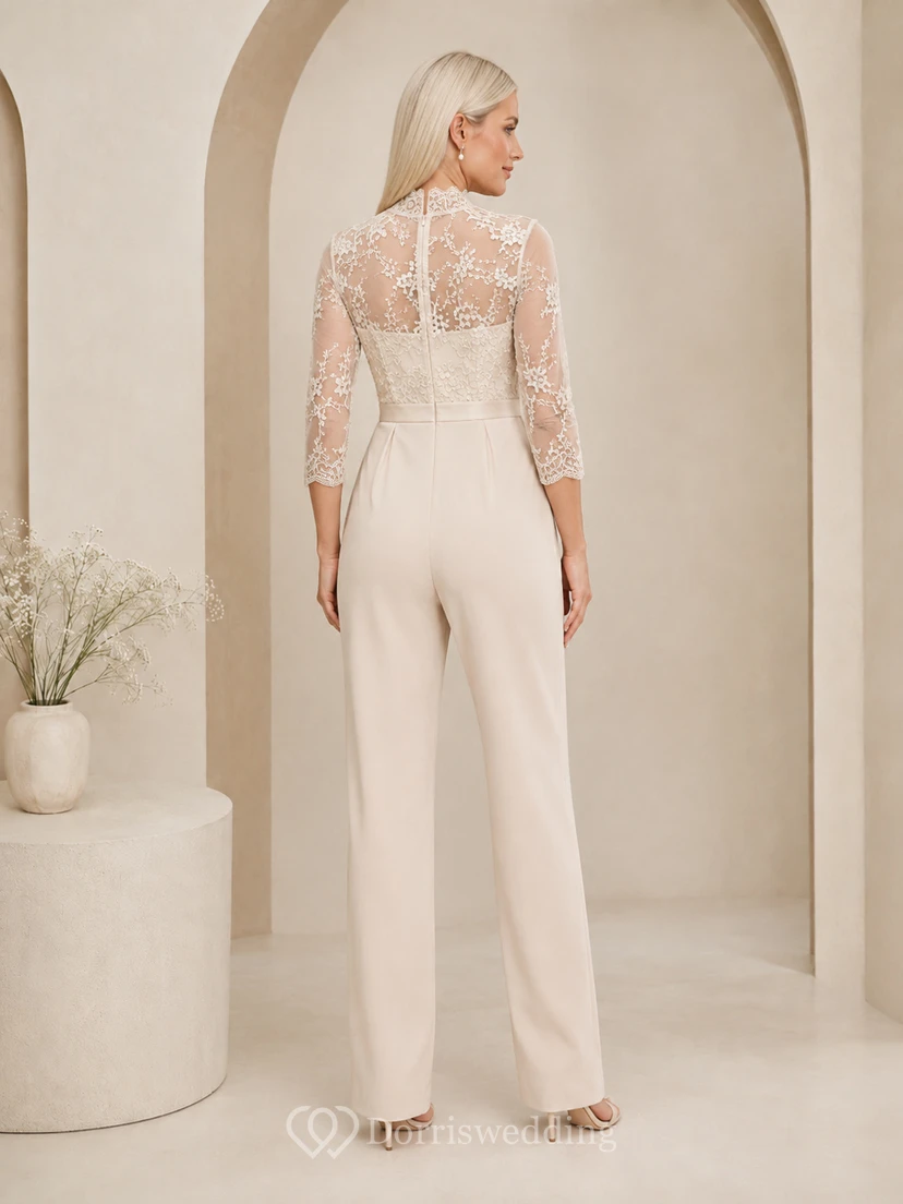 Elfenbeinfarbener Jumpsuit von Firmung mit hohem Kragen, langen Ärmeln aus Illusionsspitze und weitem Bein. view 2