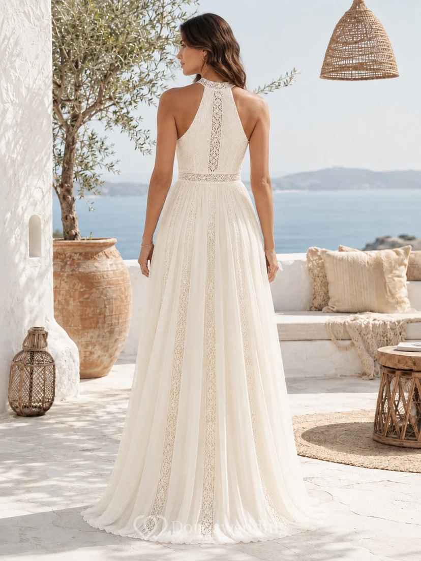 Boho High Neck Halter Lace Chiffon A-Line Floor-Length Renewal Gown view 2