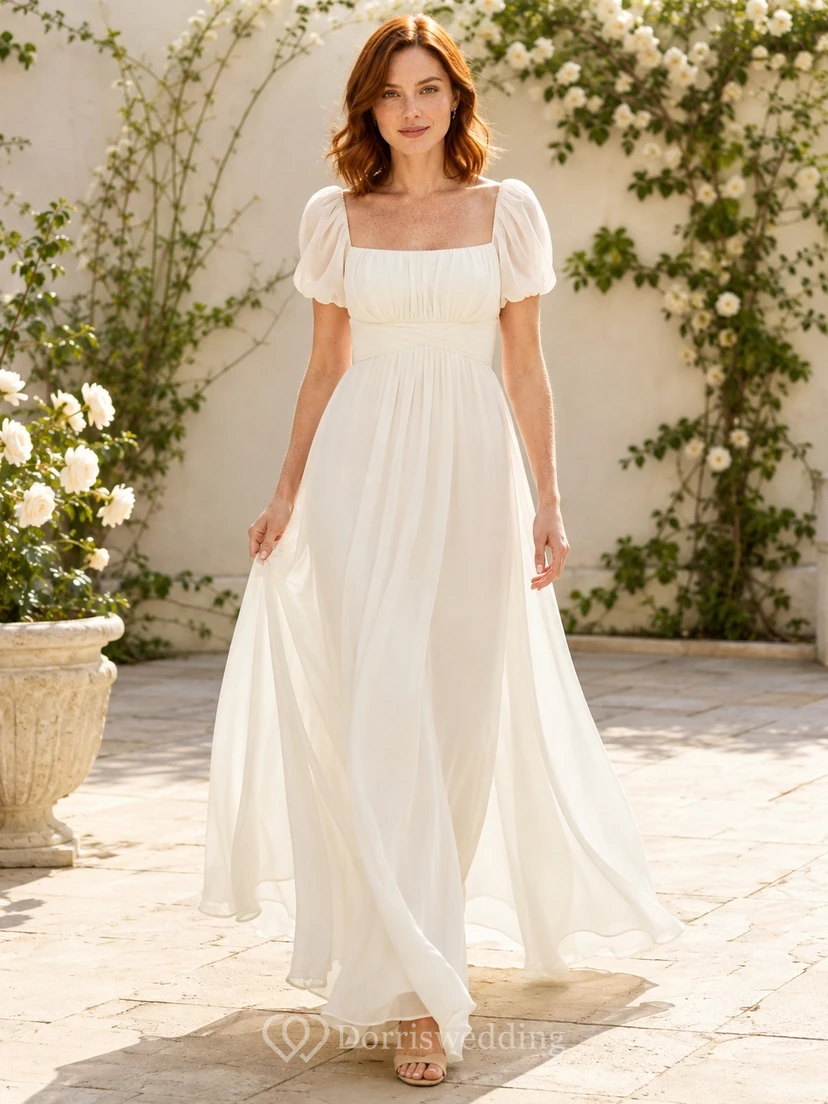 Romantic Square Neck Puff Sleeve Chiffon A-Line Floor-Length Garden Wedding Dress