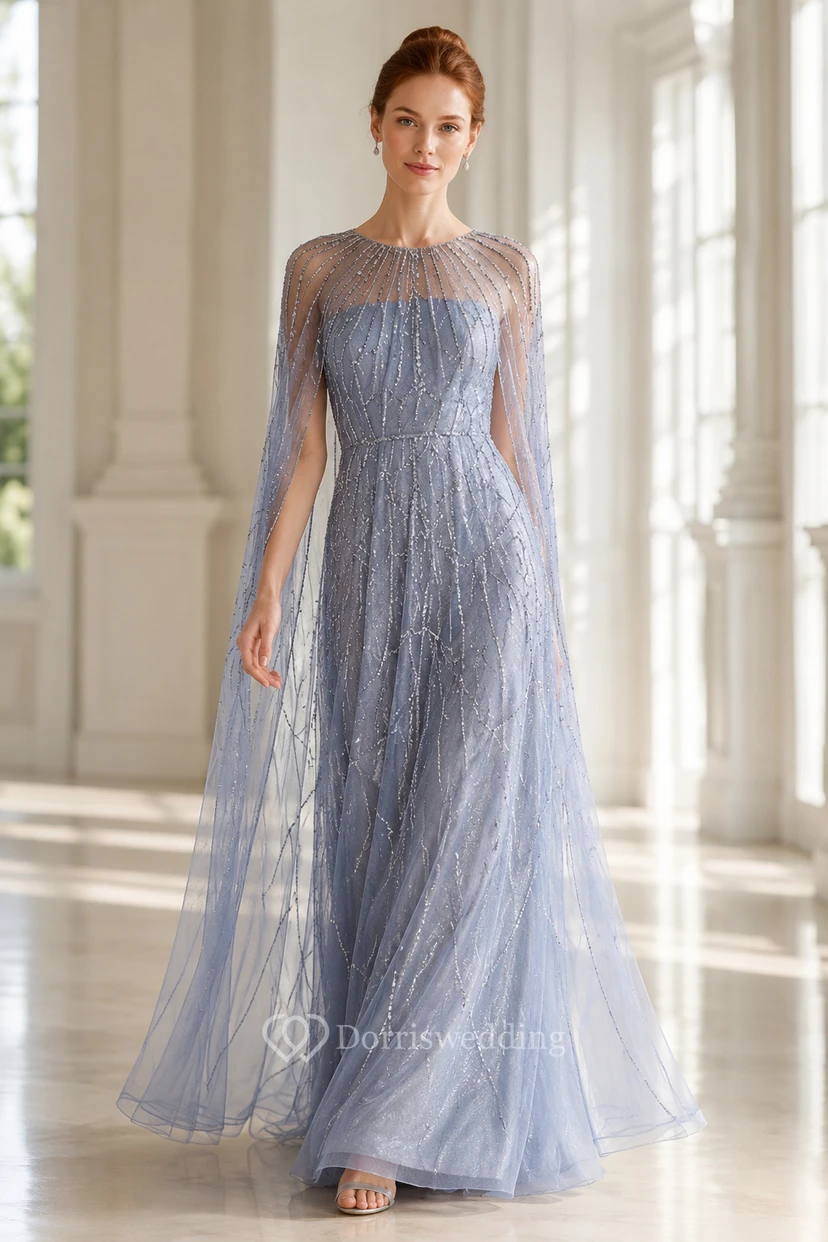 Robe de soirée bleu acier en tulle illusion, coupe trapèze, ornée de perles linéaires, idéale pour les événements formels et les soirées.