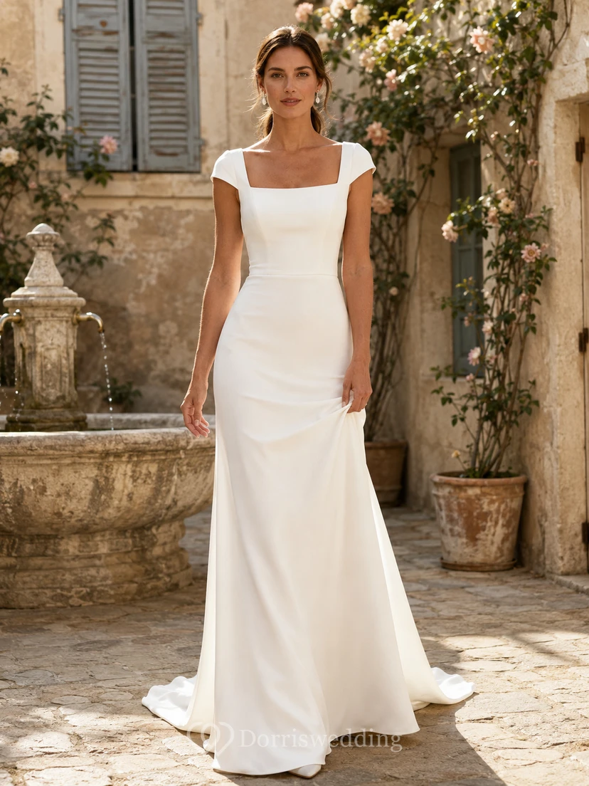 Robe en crêpe à col carré et manches courtes style cour française