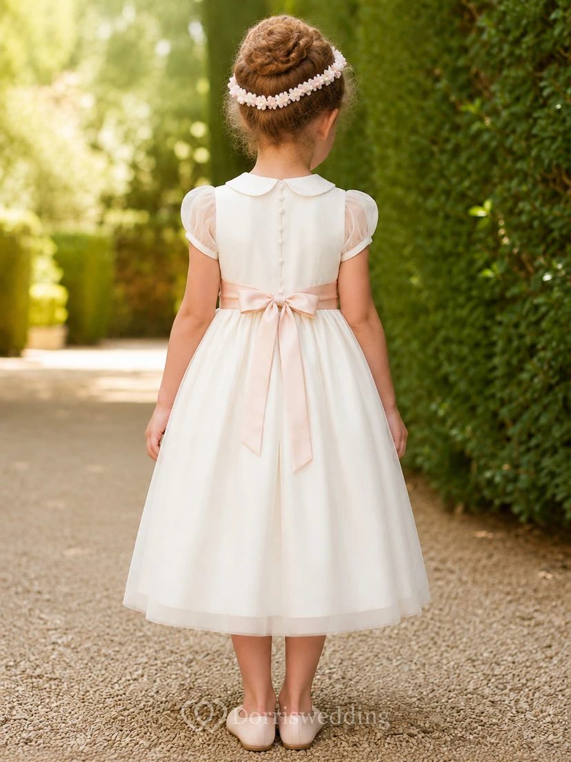 Classic Peter Pan Collar Tulle Satin A-Line Flower Girl Dress with Short Sleeves, Jewel Neck, Tea-Length Skirt and Bow Detail view 2