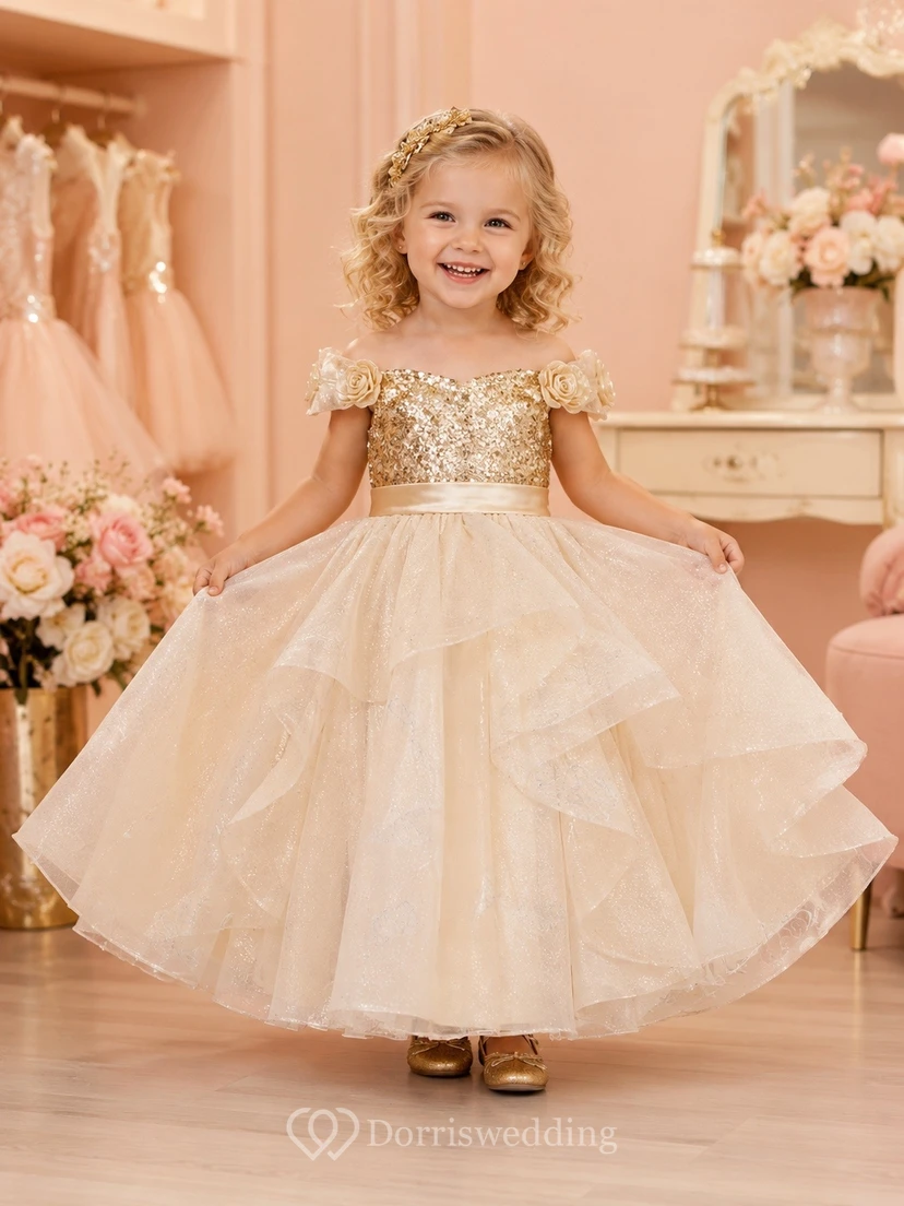 Champagne Flowergirl Satin Tulle Pleated Ball Gown Short-Sleeve Dress