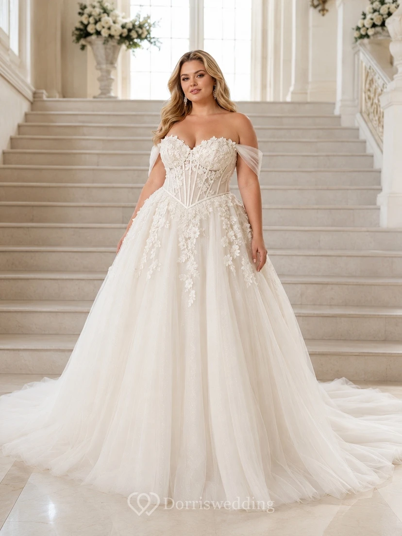 Vestido de novia de talla grande con escote de hombros descubiertos, encaje y corte en A estilo vasco.