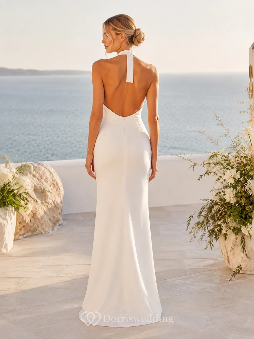 Elegantes, ärmelloses, bodenlanges Satin-Hochzeitskleid mit Neckholder für eine intime Hochzeit view 2