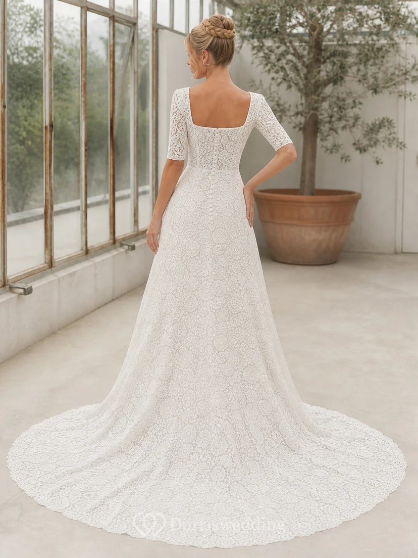 Vestido de novia catedral de encaje geométrico con escote cuadrado y mangas cortas view 2