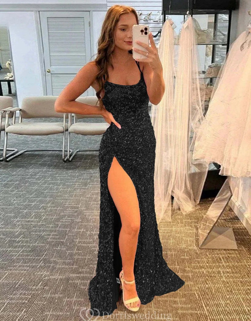 Spaghetti Sexy Front Split Sequin Sheath Floor-length Dress view 15