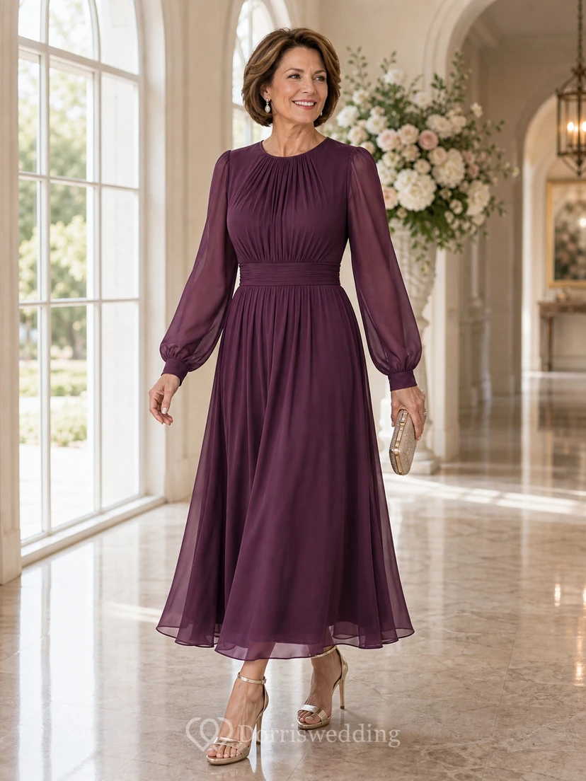 Jewel Neck Long Sleeve Chiffon Tea-Length Dress view 8