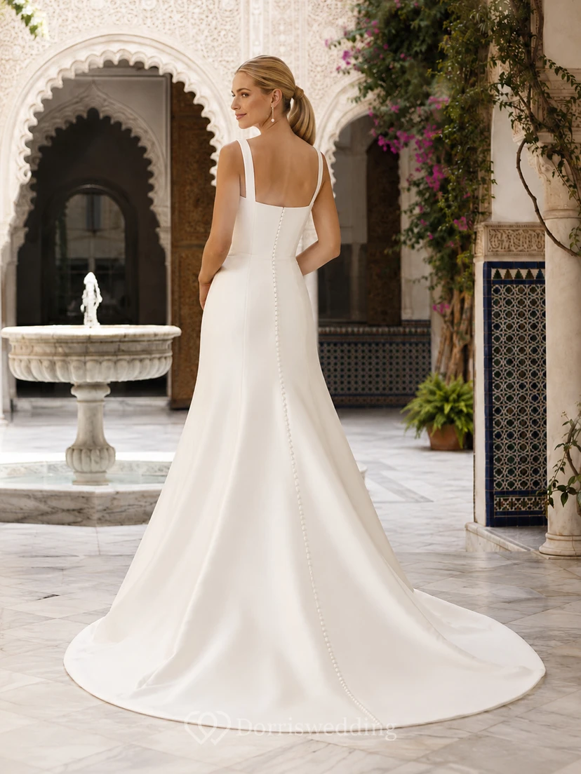 Robe de mariée sirène moderne en satin à col carré et dos nu boutonné, style moderne, pour une destination de mariage view 2