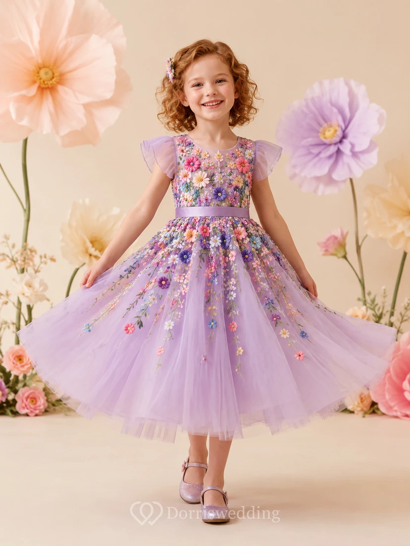 Robe de demoiselle d'honneur fantaisiste en tulle lavande ornée d'appliqués floraux colorés, jupe courte et volants scintillants