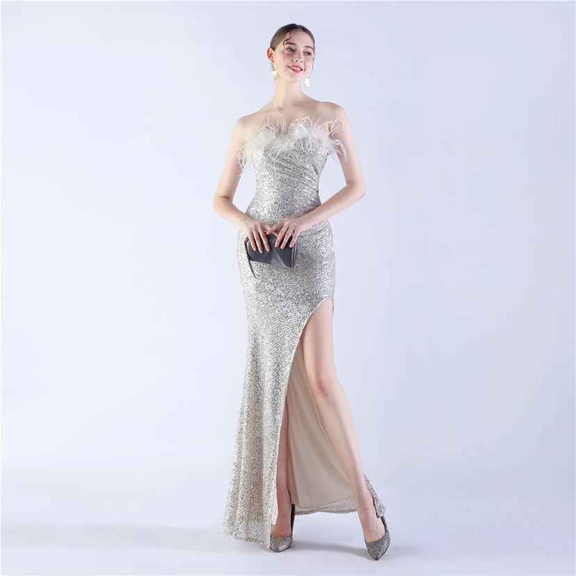 Ostrich Feather Plus Folding And Wrinkling Technology Host Dinner High-End Evening Dress view 23