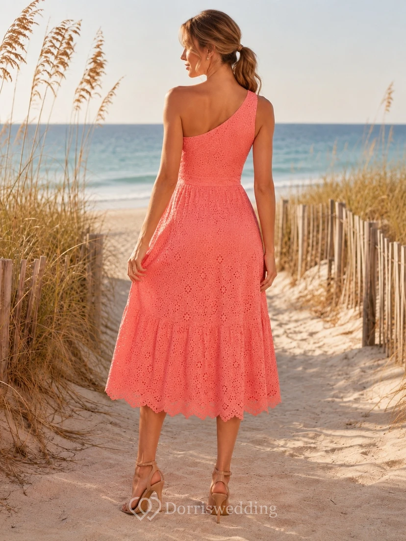 Coral Lace Spaghetti Strap Sleeveless Tea Length A-Line Dress view 2