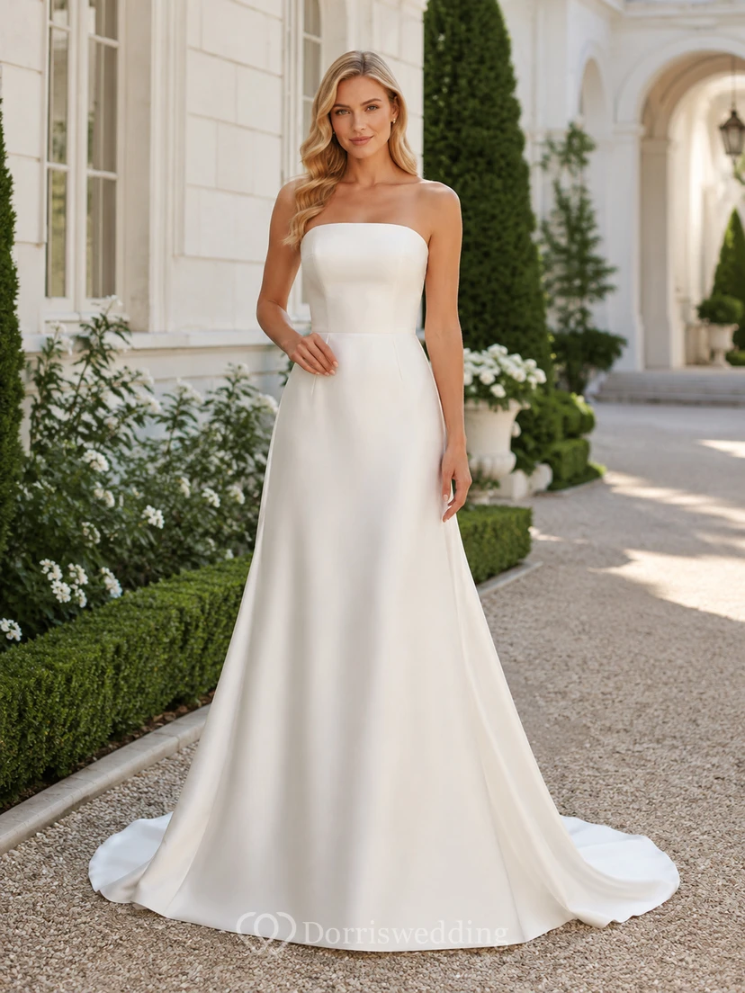 Brautkleid aus Satin, A-Linie, trägerlos, mit Schleppe