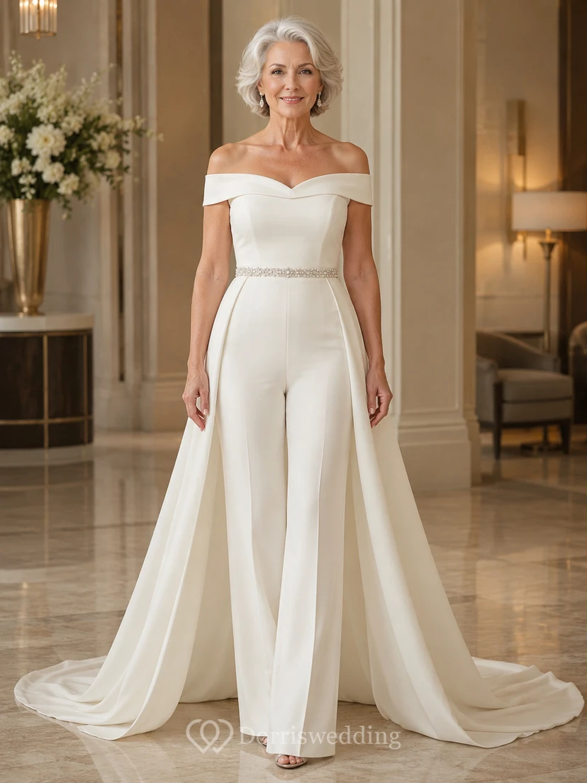 Off Shoulder Bridal Jumpsuit with Detachable Overskirt Train