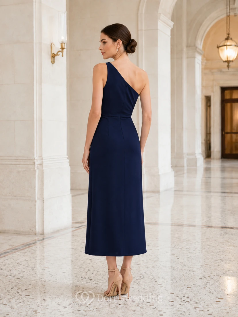 City Hall Cocktail Dark Navy Elegant Modern Sexy Pencil Satin Bridesmaid Dress with One-Shoulder Sleeveless Knee-Length Slit Skirt Open Back view 2