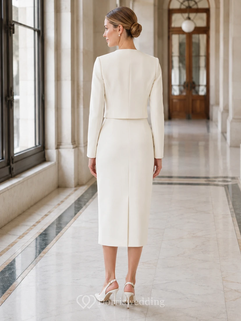 Ensemble jupe crayon minimaliste à col rond et manches longues courtes pour mariage civil view 2