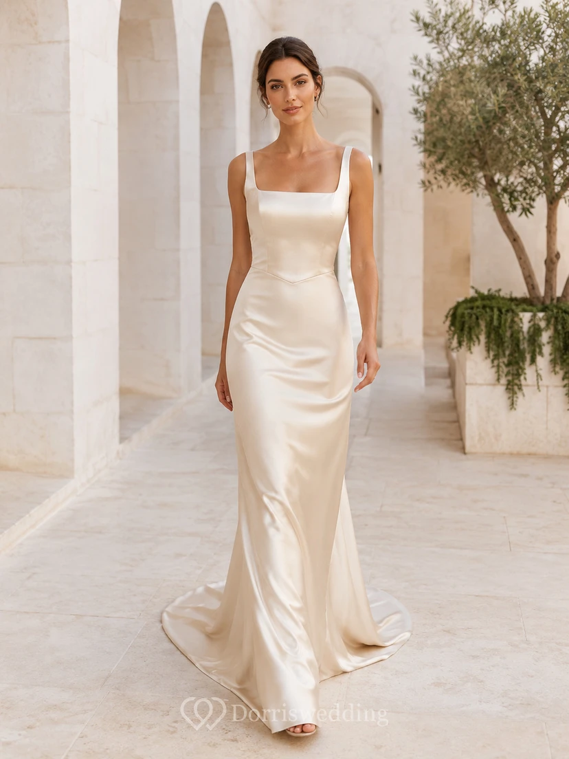 Robe de mariée fourreau en satin à col carré et dos nu