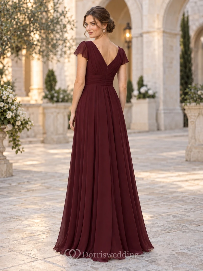 Robe de bal longue en mousseline bordeaux sobre, col en V, manches papillon froncées, robe de bal modeste en mousseline. view 2
