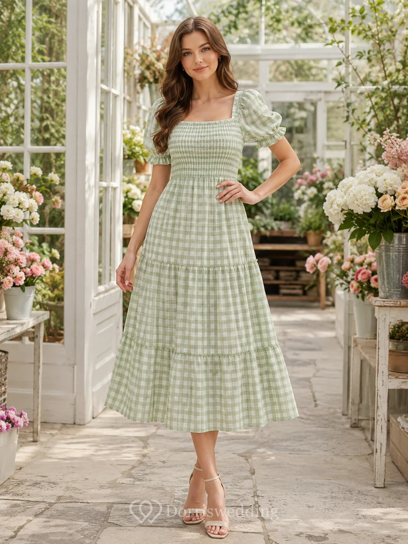 Sage Gingham Smocked Square Neck Puff Sleeve Midi Dress