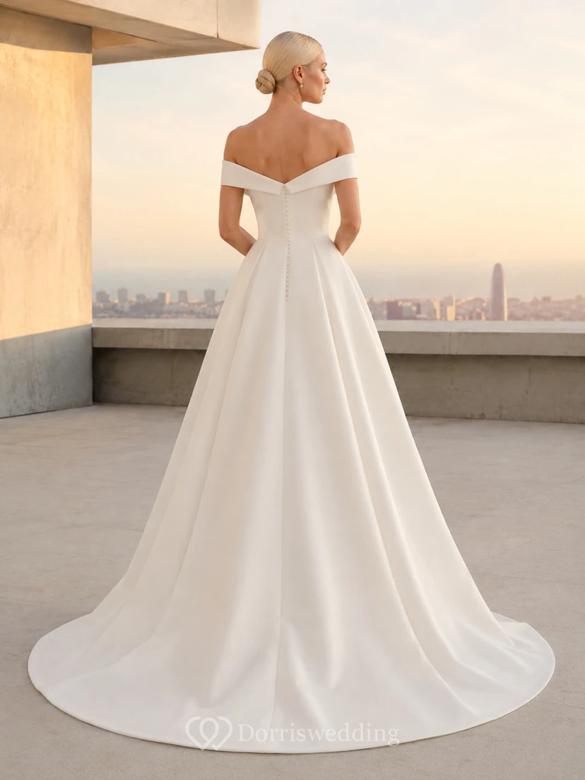 Modern Minimalist Off-Shoulder Satin Ball Gown Elopement Dress view 2