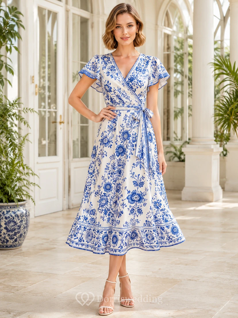 Robe midi portefeuille à col en V en porcelaine bleue