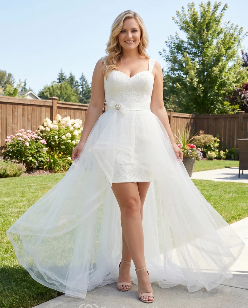 Kurzes Brautkleid mit abnehmbarem Rock | Strand-Minikleid für standesamtliche Trauung view 9