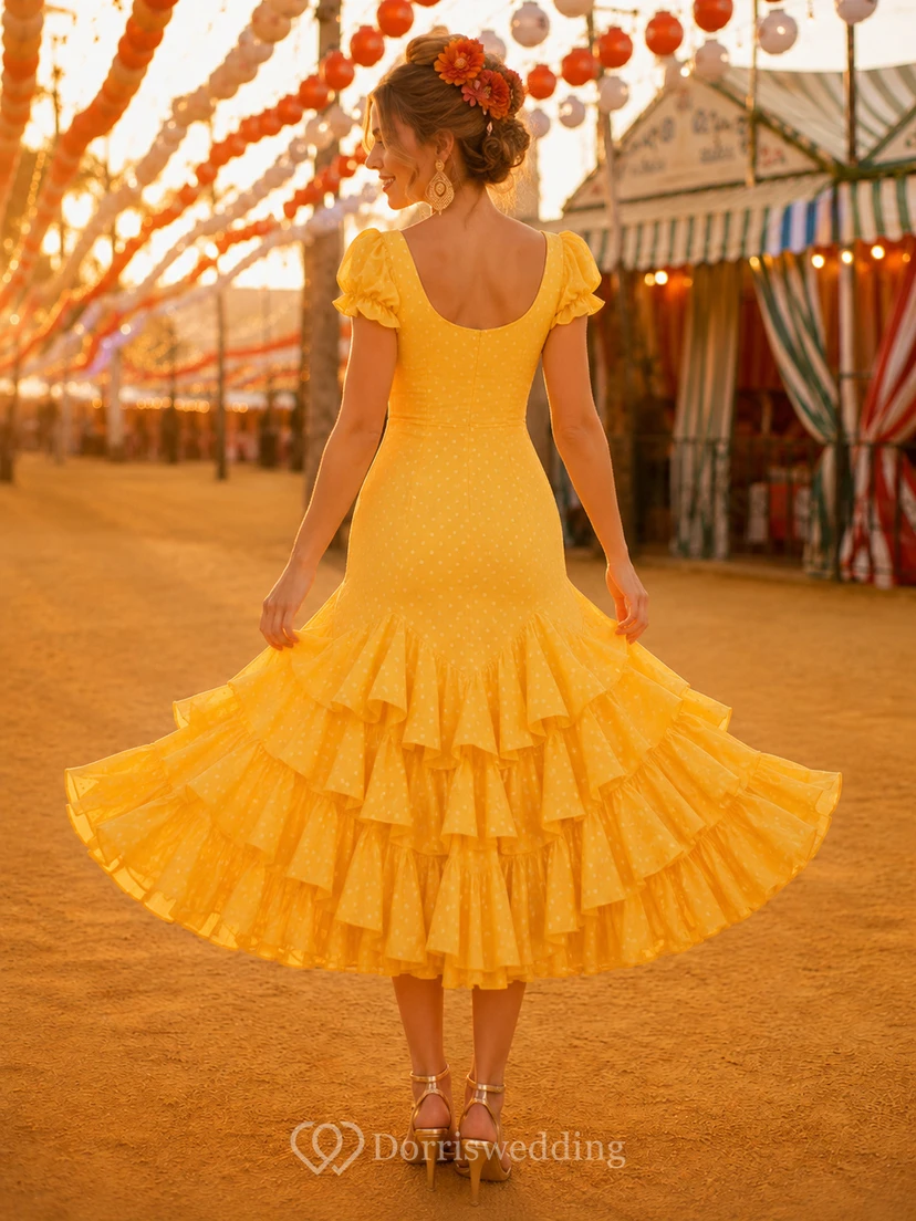 Robe Feria mi-longue sirène à imprimé jonquilles, col carré et manches papillon view 2