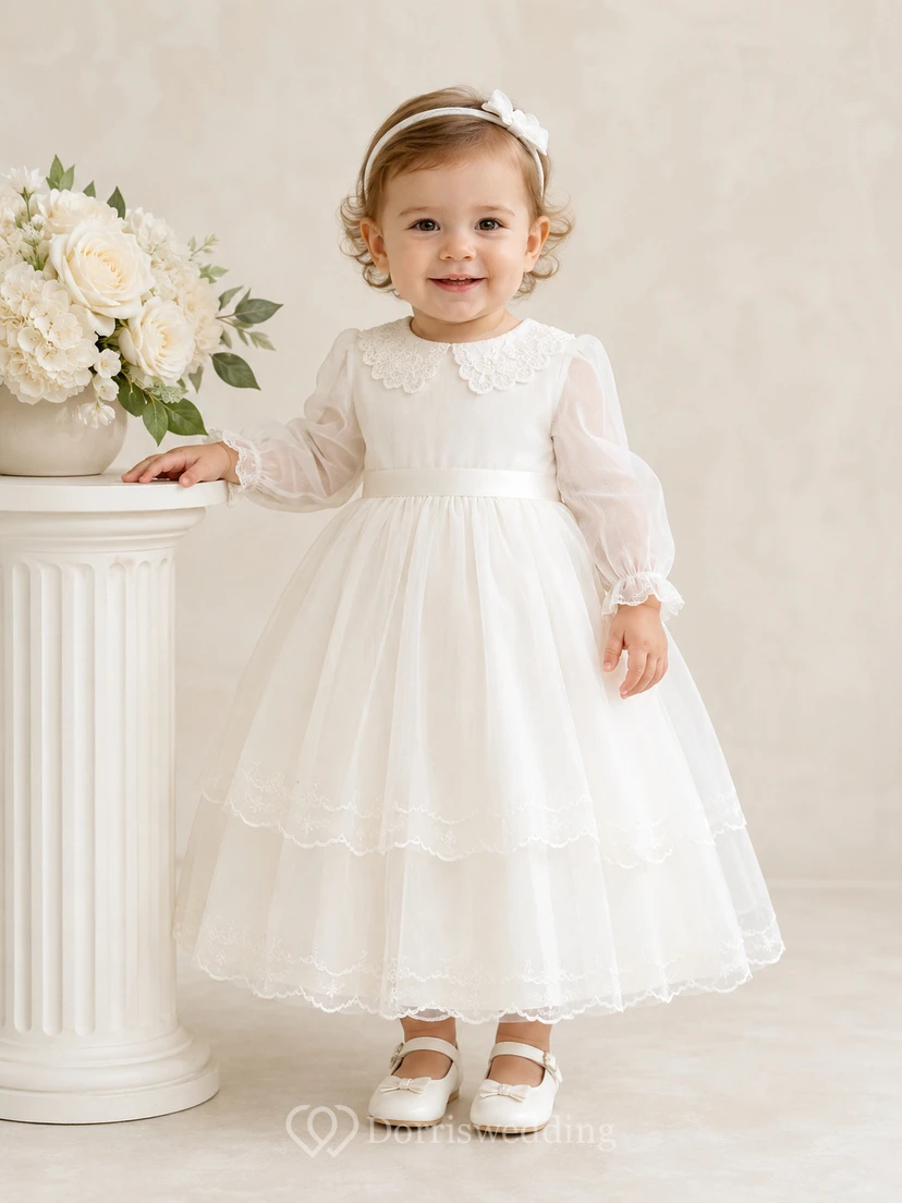 Robe de baptême pour bébé, coupe trapèze, manches longues, longueur thé, avec superposition d'organza transparent
