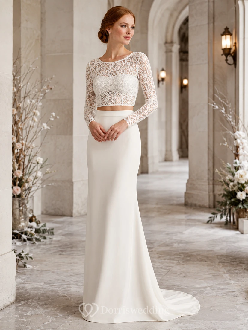 Long Sleeve Lace Crop Top Crepe Mermaid Chapel Bridal Set