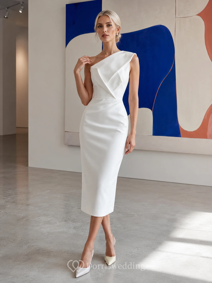 Vestido midi blanco de cóctel con un solo hombro y pliegues esculturales.